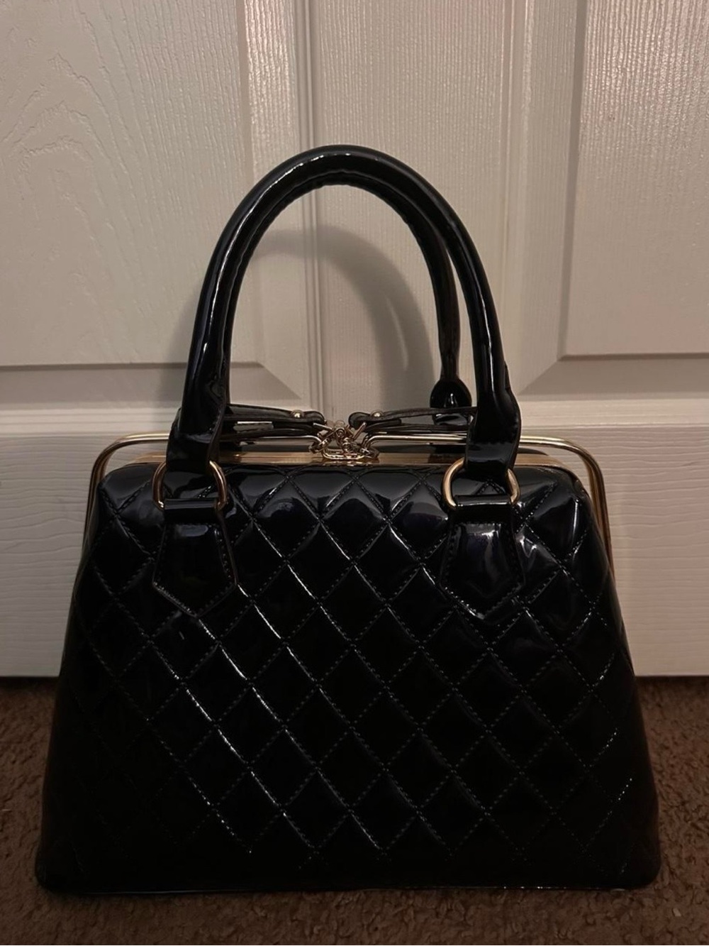 Quilted Patent Leather Satchel Handbag - Black